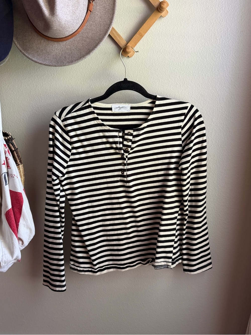 CJLA Striped Black and Cream Henley Long-Sleeve Top